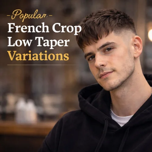 Young man with textured French crop low taper hairstyle showing modern variation
