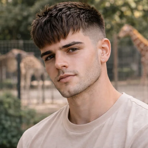 french crop haircut classic men hairstyle textured fringe zoo background