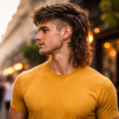 modern mullet haircut men short front long back hairstyle slim body mustard shirt
