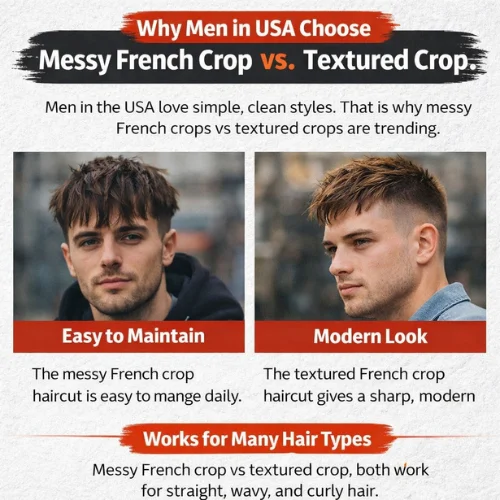 messy french crop vs textured crop hairstyles for men in usa showing easy maintenance modern look and suitability for all hair types
