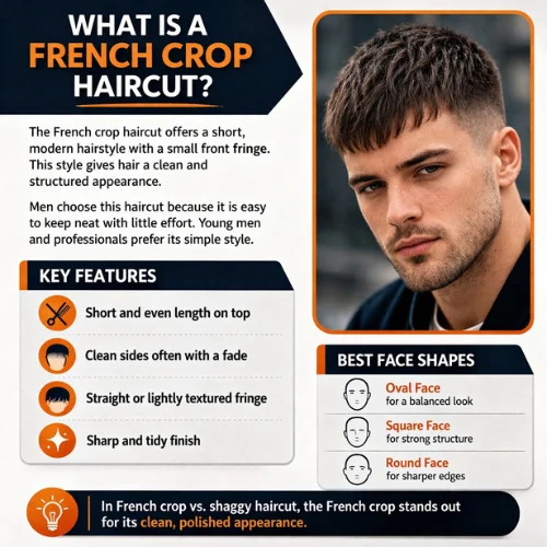 what is french crop haircut for men showing clean short hairstyle with fringe and best face shapes infographic

