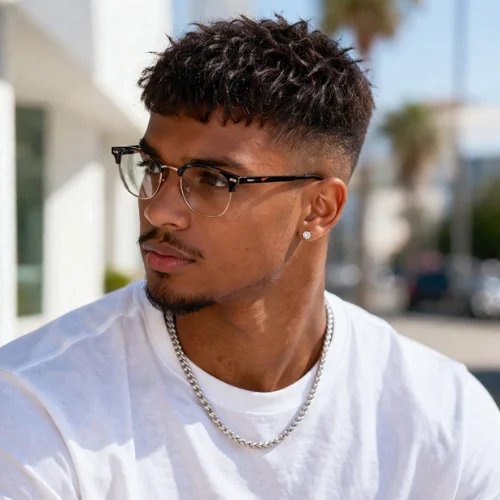 Young Black man with glasses wearing a short messy French crop low taper fade hairstyle, textured top with clean fade sides, natural fringe, modern stylish men's haircut, easy-to-maintain haircut, desert background