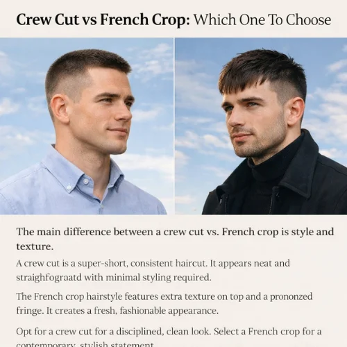 Comparison of crew cut and French crop hairstyles on young men outdoors under a blue sky, showing clean, classic style versus textured, modern look