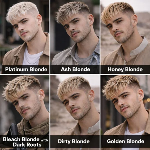 french crop blonde haircut shades including platinum ash honey and golden tones stylish mens hairstyle usa