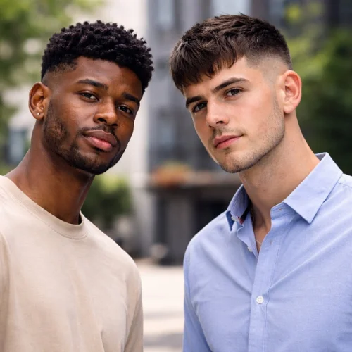 Black and white young men showing buzz cut French crop hairstyles