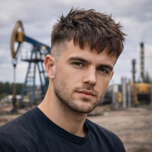 Textured French crop haircut for straight hair with short fade sides on a man with messy fringe hairstyle outdoors