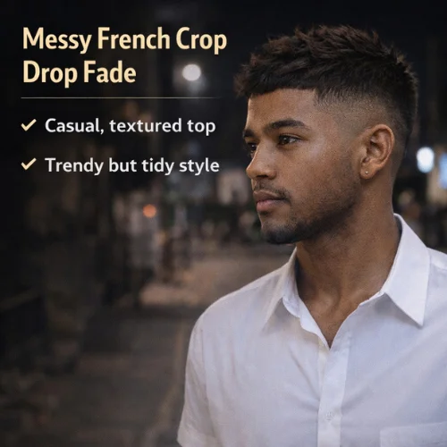 messy french crop drop fade haircut for men casual textured top with curved fade hairstyle on young black man wearing white shirt walking on street
