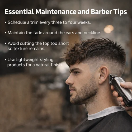 Barber trimming textured French crop low fade haircut for clean fade maintenance