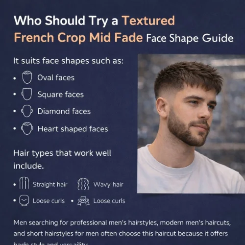 textured french crop mid fade mens haircut face shape guide showing best styles for oval square diamond and heart face 