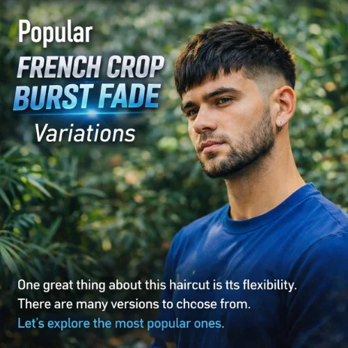 French Crop Burst Fade haircut on young man wearing blue shirt in jungle setting