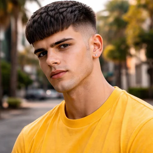 edgar haircut blunt fringe high fade men yellow shirt modern edgy hairstyle