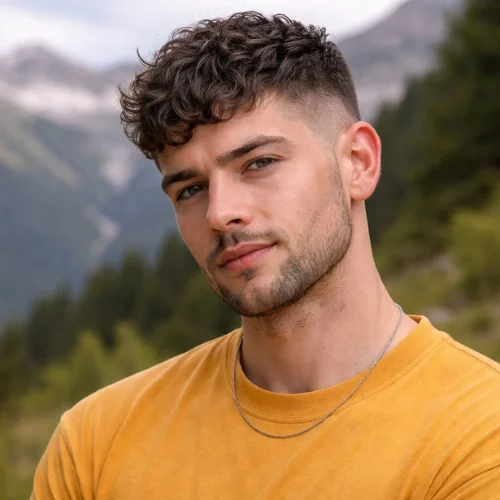 wavy french crop haircut for men with natural texture and volume modern hairstyle in mountain setting