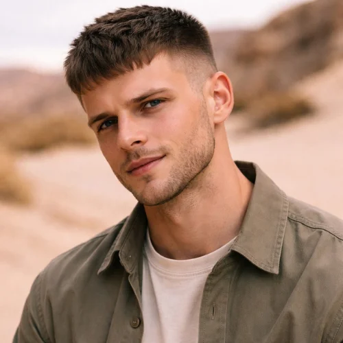 French crop taper fade haircut square face man desert classic clean hairstyle natural blend modern look