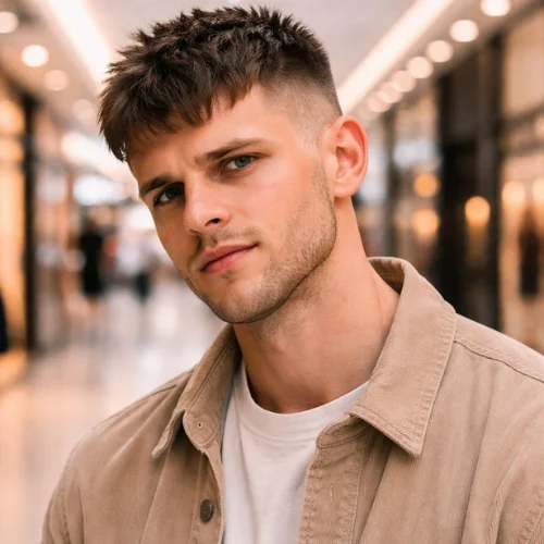 modern textured French crop haircut square face man trendy fade hairstyle sharp modern look