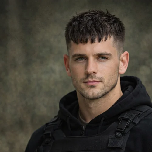 French crop haircut for heart-shaped face men textured fringe fade modern hairstyle black outfit clean look