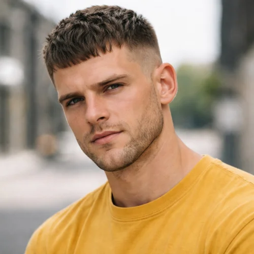 French crop low fade haircut square face man wearing yellow shirt clean professional hairstyle modern look