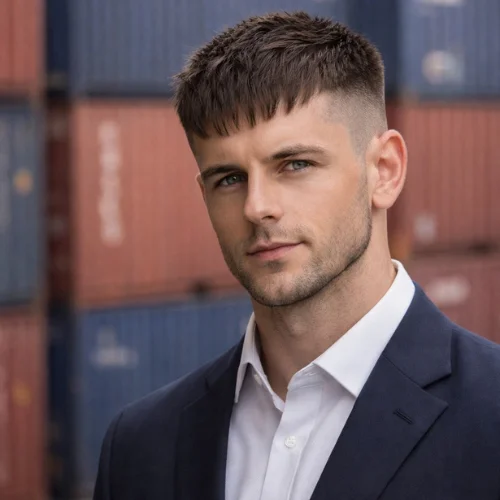 French crop haircut with skin fade for heart-shaped face men sharp modern hairstyle formal two piece dress