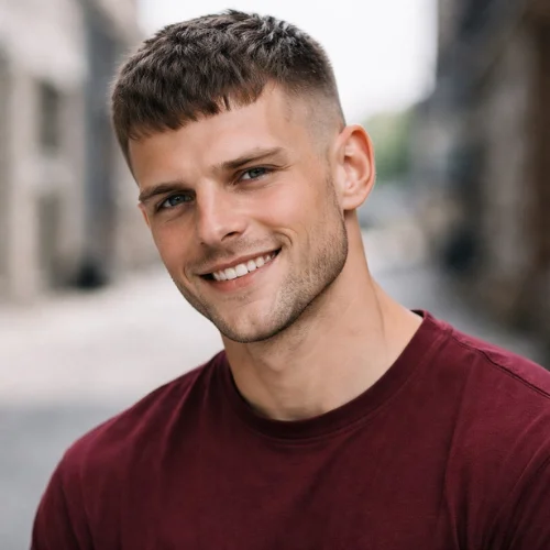 short French crop haircut square face smiling man red shirt clean professional hairstyle low maintenance