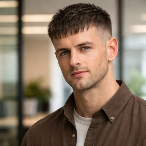 short French crop haircut for heart-shaped face men clean professional hairstyle brown shirt office look