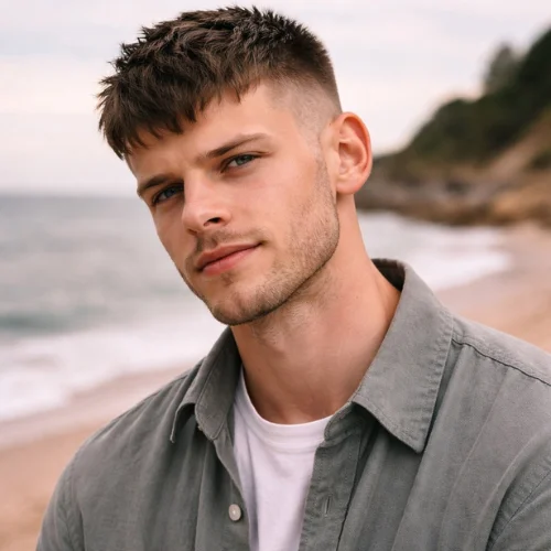 French crop haircut square face man grey shirt seashore clean textured hairstyle suitable for thick and fine hair