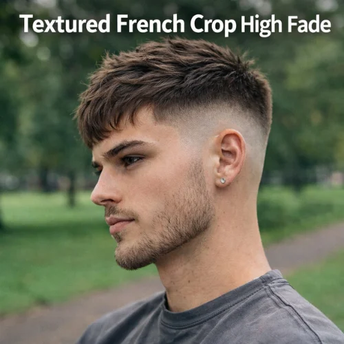 Textured French Crop haircut on young man in park with layered top and sharp high fade