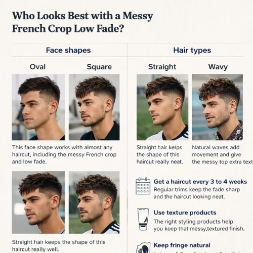 messy french crop low fade hairstyle guide showing best face shapes and hair types for men