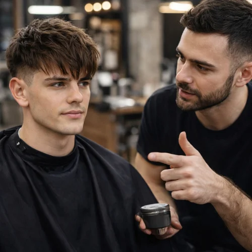 barber explaining long textured French crop haircut maintenance to a young man in a barbershop while holding styling product