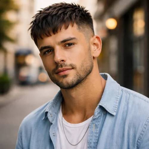 indian man with short textured french crop fade haircut wearing light blue shirt standing on street
