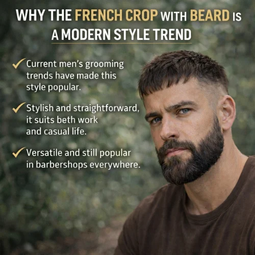 French crop with beard modern hairstyle trend for men textured crop haircut with full beard
