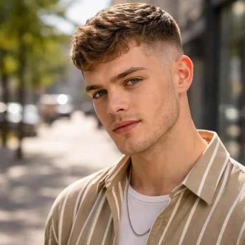 french crop haircut with taper fade round face men classic modern style