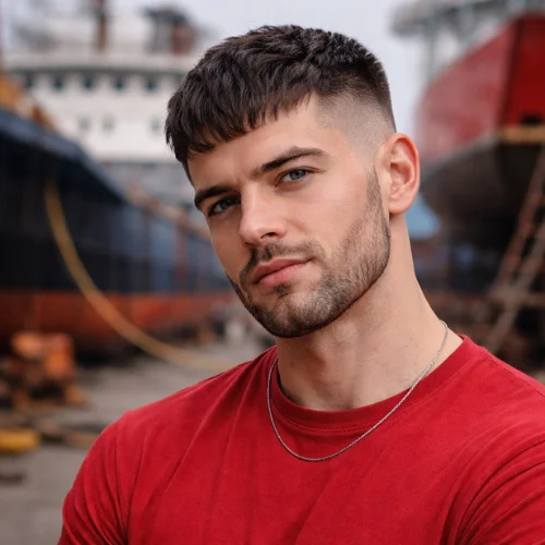 french crop haircut with skin fade for men showing sharp clean sides bold modern hairstyle with textured top