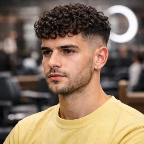 textured curly french crop haircut for men with natural volume and fade sides modern hairstyle
