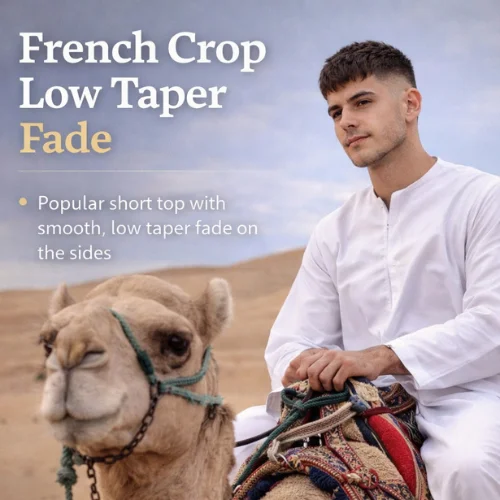 Arabic boy with French crop low taper fade hairstyle riding camel in desert