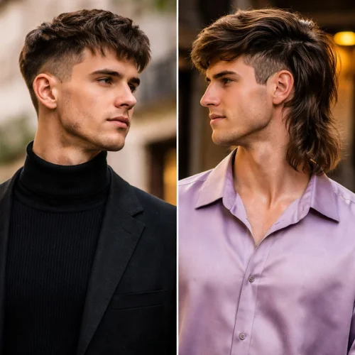 french crop vs mullet haircut comparison men black shirt vs light purple shirt hairstyle differences
