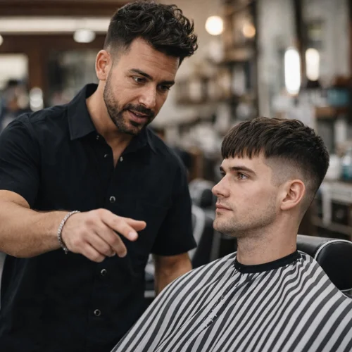 Barber advising client on French crop vs fade haircut choice in barbershop for best hairstyle selection