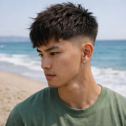 Chinese boy with long messy French crop low taper fade hairstyle, textured top with extra volume, clean fade sides, natural fringe, modern men's haircut, green shirt, standing on beach with ocean background