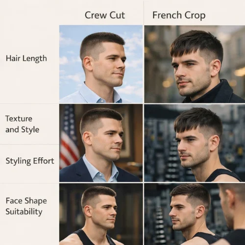Classic young men showing crew cut and French crop hairstyles side by side, highlighting differences in hair length, texture, styling effort, and face shape suitability
