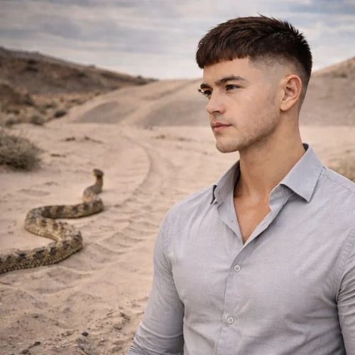 short french crop drop fade haircut for men clean low maintenance hairstyle on young man wearing light grey shirt in desert setting