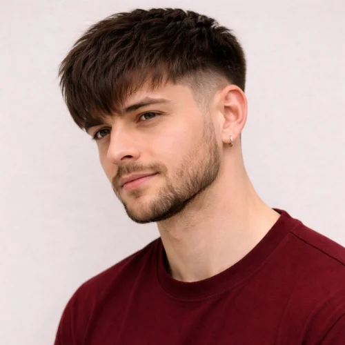 textured french crop haircut with low fade and natural fringe modern mens hairstyle portrait
