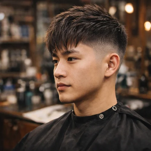 Japanese boy getting textured French crop low fade haircut in barbershop