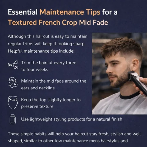 textured french crop mid fade haircut maintenance tips barber trimming fade around beard and neckline