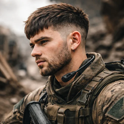 Textured French Crop Burst Fade haircut on American soldier with layered top and clean burst fade