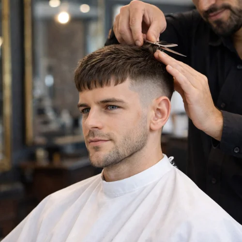 how to ask barber for French crop haircut men elegant style textured top fade fringe modern hairstyle