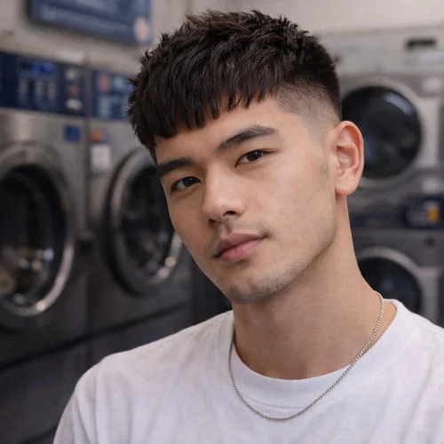 modern textured french crop haircut for men with fade and layered top trendy hairstyle in laundry shop