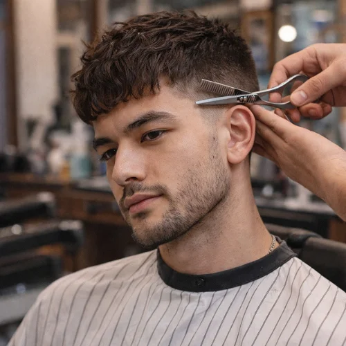 man in barber shop getting french crop haircut showing textured top natural fringe and clean fade sides