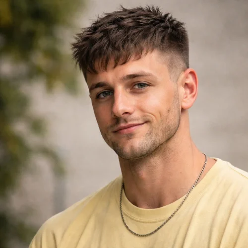messy French crop haircut for heart-shaped face men natural texture casual hairstyle lemon color shirt chain