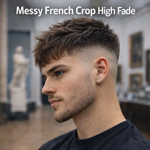 Messy French Crop Fade haircut on young man with loose textured top inside museum
