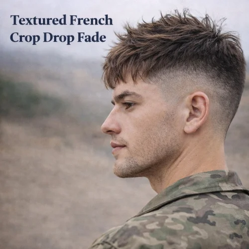 textured french crop drop fade mens haircut with layered top and curved fade behind ear