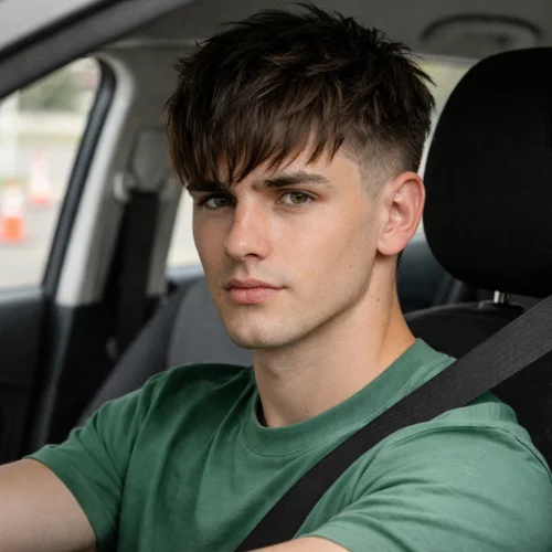long textured French crop fade haircut for men with layered top and faded sides shown on a young man wearing a green shirt