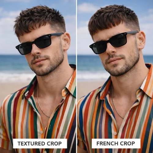man wearing sunglasses on beach showing short textured crop vs french crop hairstyle comparison